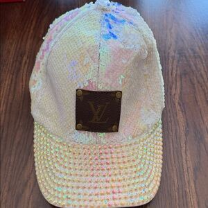 Upcycled Louis Vuitton Iridescent Sequin Cap with Brown Logo